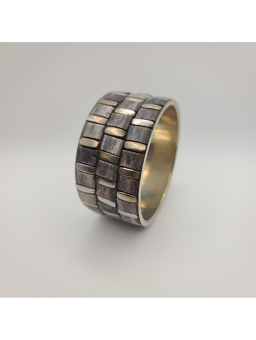 Metal & Faux Wood Wide Bangle Bracelet Silvertone & Gray